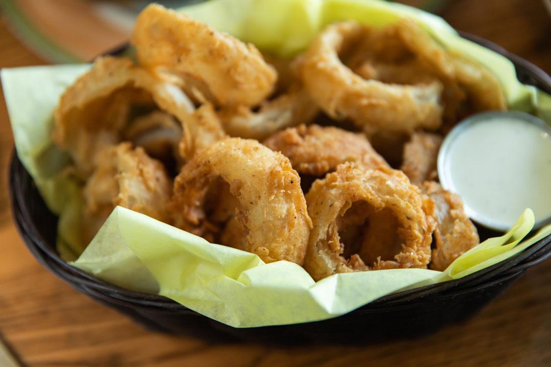 Our famous battered onion rings with Ranch Dressing!